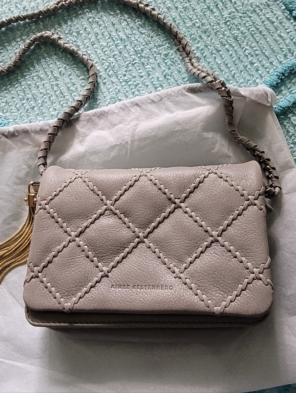 Aimee Kestenberg Quilted Silver Gray Leather Crossbody with Gold Tassel